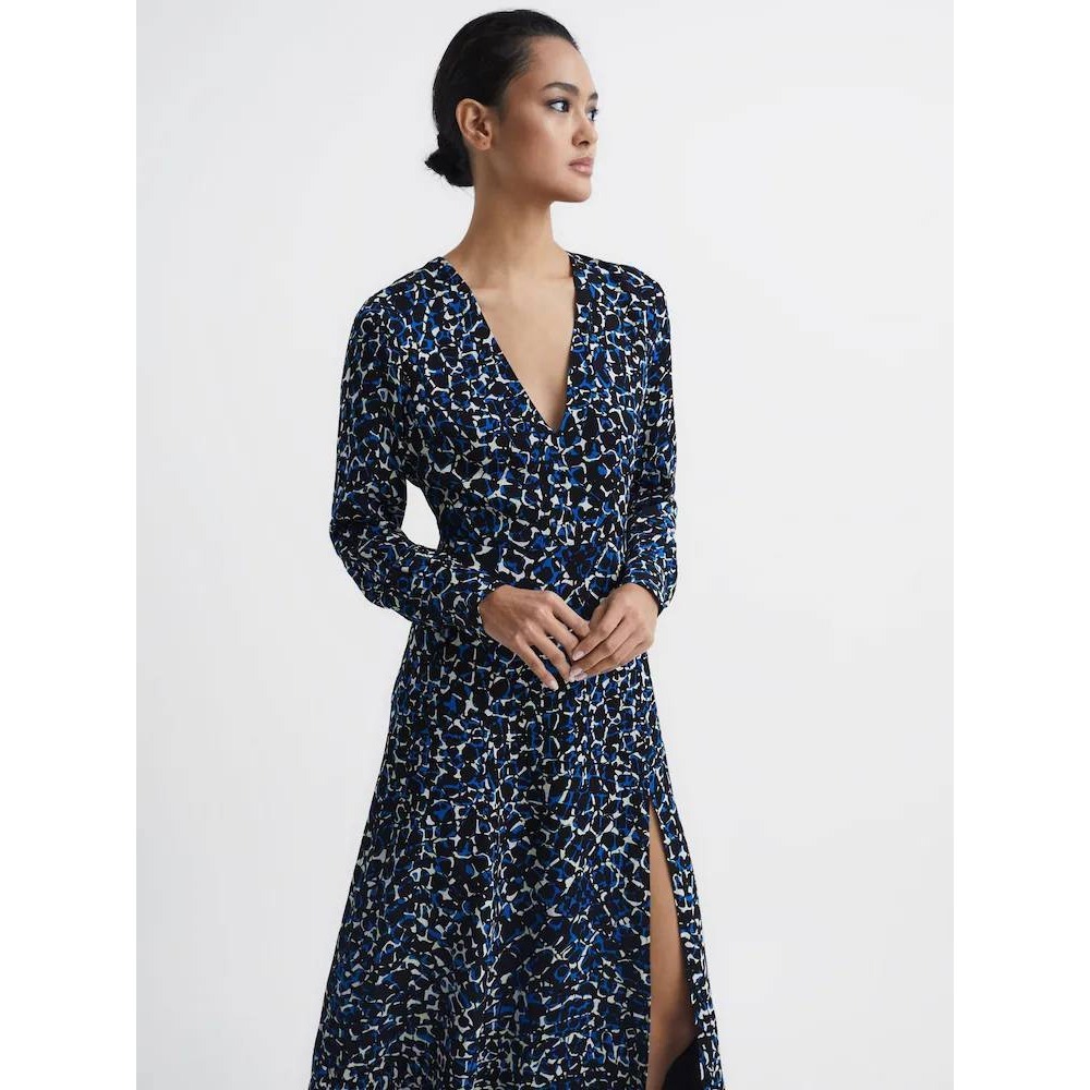 Reiss Greta Blue Abstract Print Long Sleeve Midi Dress Size 4 US 8 UK